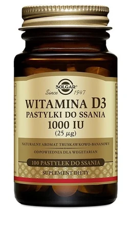 Solgar Witamina D3 1000 IU 25 µg pastylki do ssania o smaku truskawkowo-bananowym 