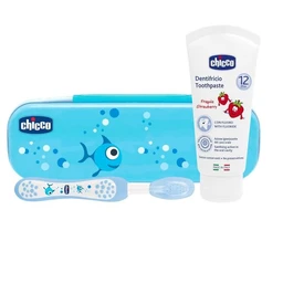 Chicco, zestaw dentystyczny (pasta, szczoteczka, etui) dla dzieci 12m +, niebieski 