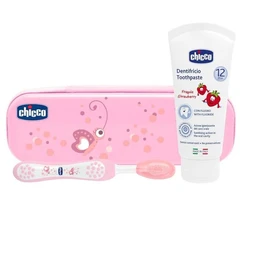 Chicco, zestaw dentystyczny (pasta, szczoteczka, etui) dla dzieci 12m +, różowy 