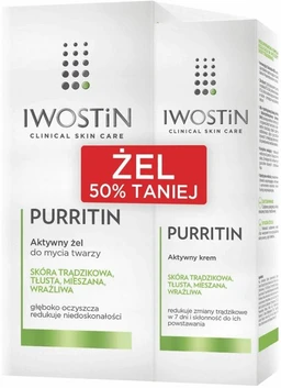 Zestaw Iwostin Purritin aktywny krem eliminujący niedoskonałości dla skóry tłustej i skłonnej do zmian trądzikowych, na dzień, 40 ml + aktywny żel do mycia twarzy, 150 ml 