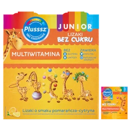 Plusssz Junior Multiwitamina, lizaki bez cukru, smak pomarańczowo-cytrynowy 